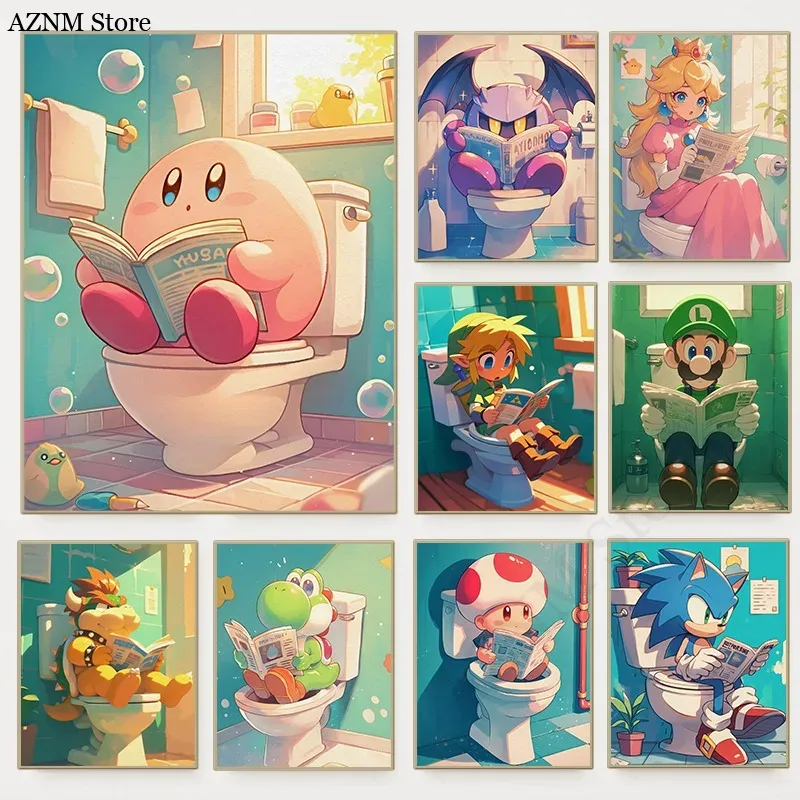 Home Decor Video - Lustiges Badezimmer-Cartoon-Videospiel-Poster, niedliche animierte Charaktere, Toiletten-Leinwandgemälde,