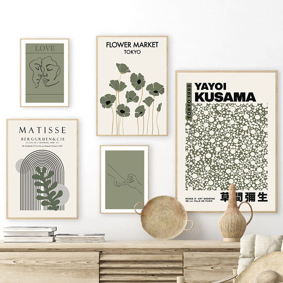 Home Decor Green - Salbeigrüne Yayoi Kusama Matisse Blumen-Wandkunst, Leinwandgemälde,
