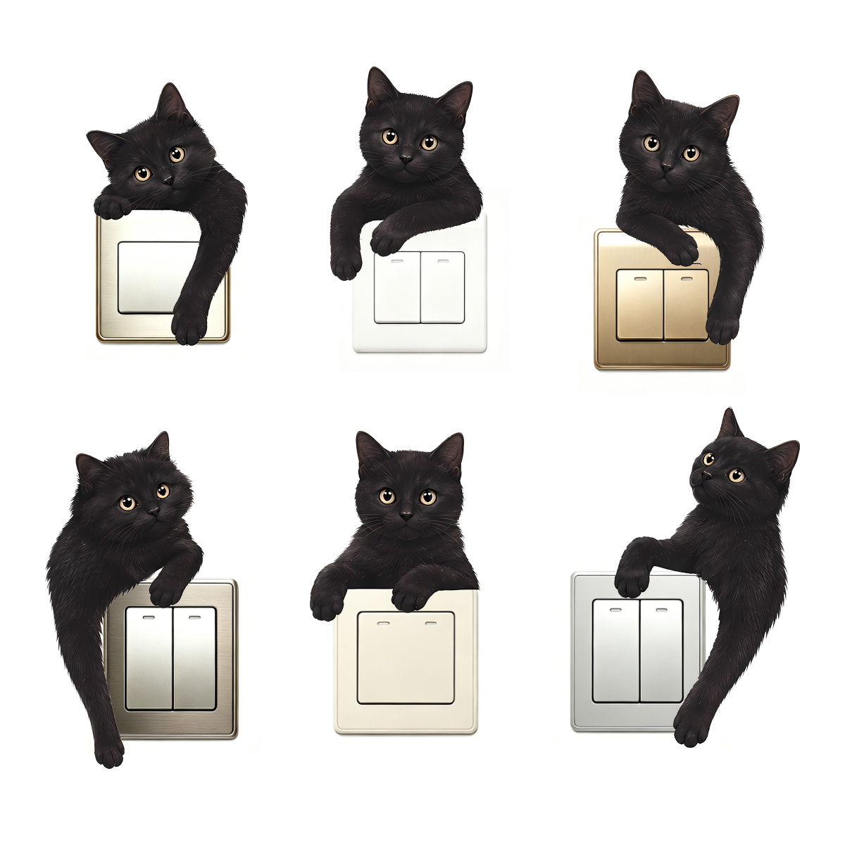 Home Decor Outlet - Niedliche Schwarze Katzen-Lichtschalter-Wandaufkleber, 6er-Set Vinyl-Sticker, Spähende
