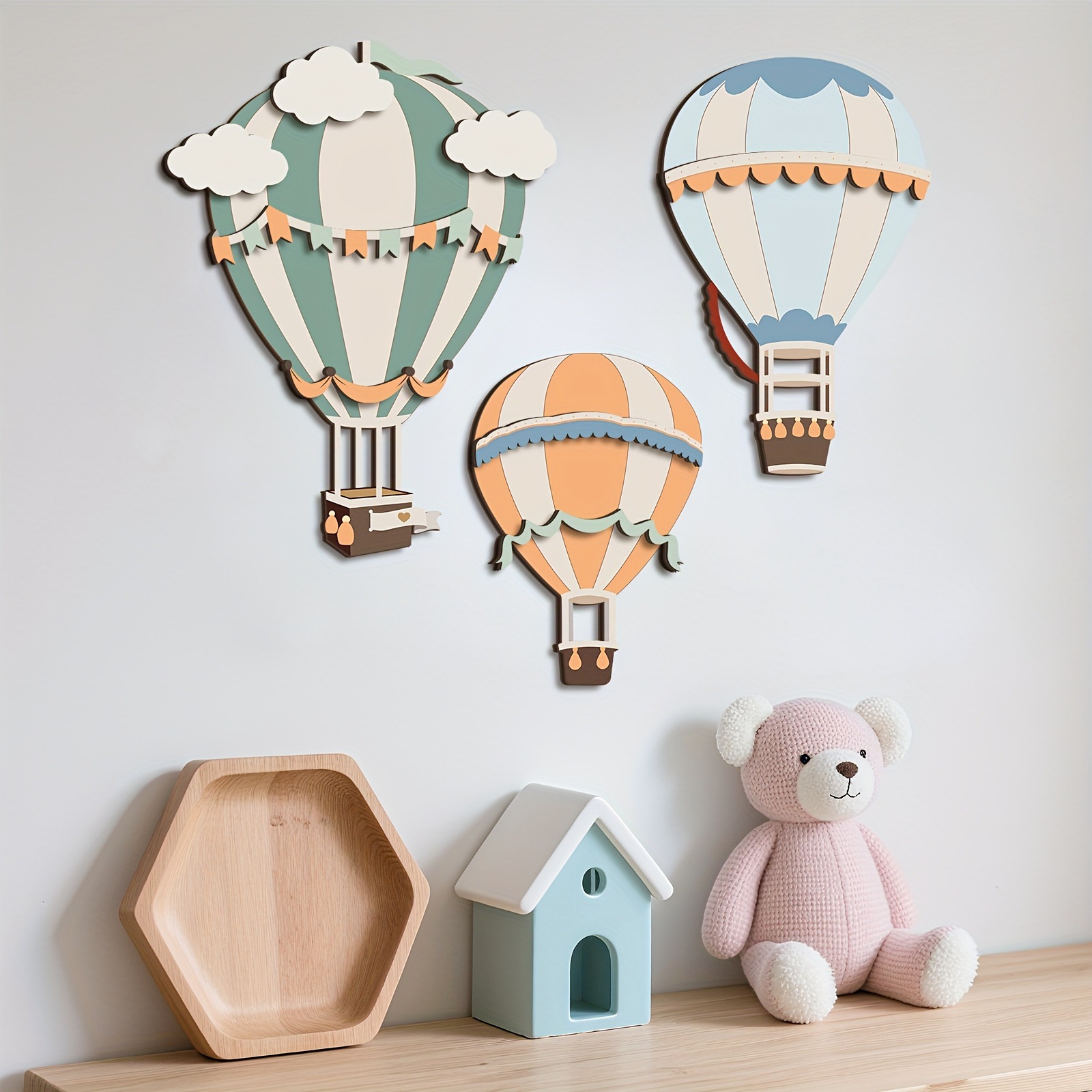 Home Decor Etsy - 3D Niedliches Buntes Heißluftballon-Wanddekorationsset aus Holz,