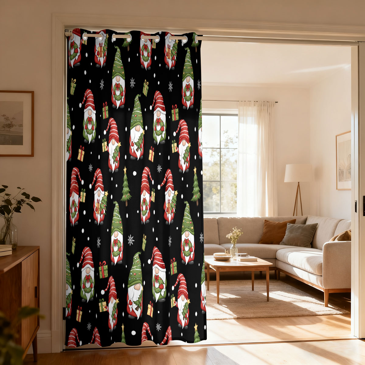 Home Decor Xmas Gifts - Weihnachtswichtel Weihnachtsbaum Geschenk-Druck Einzelner Schleifenvorhang, Türvorhang