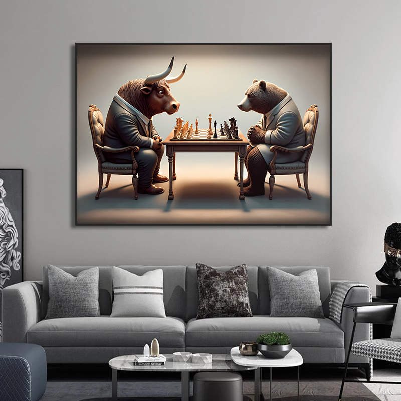 Stier und Bär spielen Schach W – Home Decor Exchange Bewertung und Preis